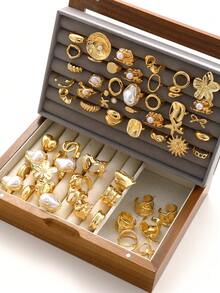 1 Set Vintage Multi-Piece Stackable 21/23/47/68pcs Heart, Pearl, Flower, Geometric, Cross, Eye, Leaf, Crystal, Bling Bling, Star, Tassel, Moon, Sun, Round Bead, Round, Square, Wave, Multi-Layer, Rope, Chain, Hollow, Braided, Minimalist, Smooth Plain Ring, Multi-Element Metal Style Rings, Fashion, Elegant, Retro Design, Suitable For Holiday, Party, Date, Gift, Daily Wear (Random Delivery) - Yellow Gold - View 9