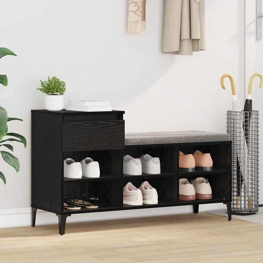 Schuhschrank, schwarz eichen optik, Holzwerkstoff, 102 x 36 x 60 cm, mit Schublade, mit mehreren Fächern, mit staubfreiem Design, für Flur und Eingangsbereich - Schwarz - Übersicht 1