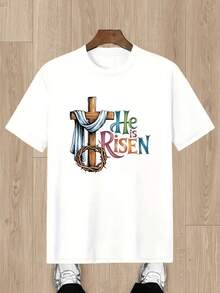 Camiseta infantil de Pascua, "Él resucitó" con diseño de cruz y clavos - cuello redondo, camisa casual, ideal para uso en iglesias, fiestas de Pascua o ocasiones cotidianas ,Camisetas para niños y niñas,Divertido exquisito diseño estampado top para niños y niñas, cómodo, ligero, transpirable, transpirable, adecuado para actividades al aire libre - regalo perfecto,Streetwear de moda, camiseta de manga corta de cuello redondo de 170g, apta para niños y adolescentes de 4 a 16 años. Camiseta de algodón 100% puro de alta calidad, lavable a máquina - Blanco - Ver 1