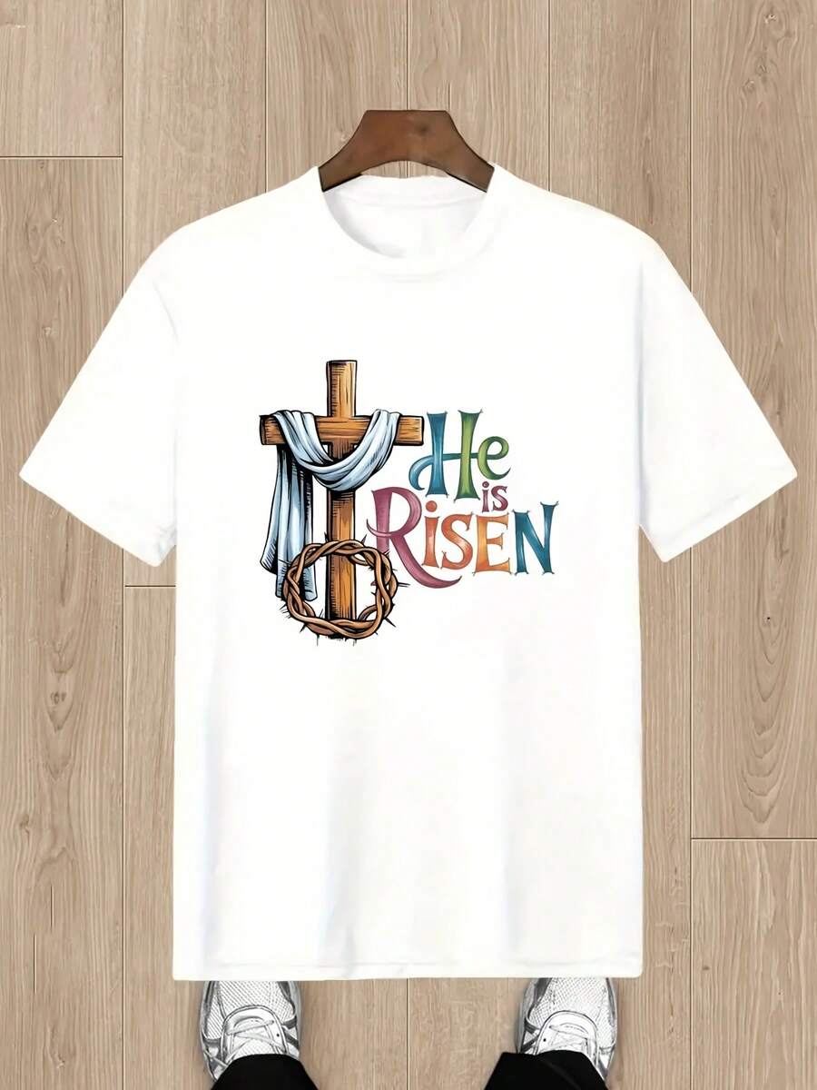 Camiseta infantil de Pascua, "Él resucitó" con diseño de cruz y clavos - cuello redondo, camisa casual, ideal para uso en iglesias, fiestas de Pascua o ocasiones cotidianas ,Camisetas para niños y niñas,Divertido exquisito diseño estampado top para niños y niñas, cómodo, ligero, transpirable, transpirable, adecuado para actividades al aire libre - regalo perfecto,Streetwear de moda, camiseta de manga corta de cuello redondo de 170g, apta para niños y adolescentes de 4 a 16 años. Camiseta de algodón 100% puro de alta calidad, lavable a máquina - Blanco - Ver 1