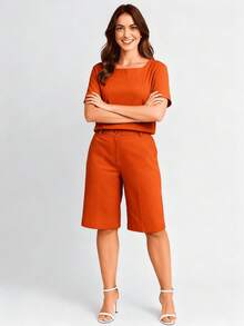 Elegant Women's Set With Blouse And Shorts In Sensorial Fabric. - Terracota - 查看 1