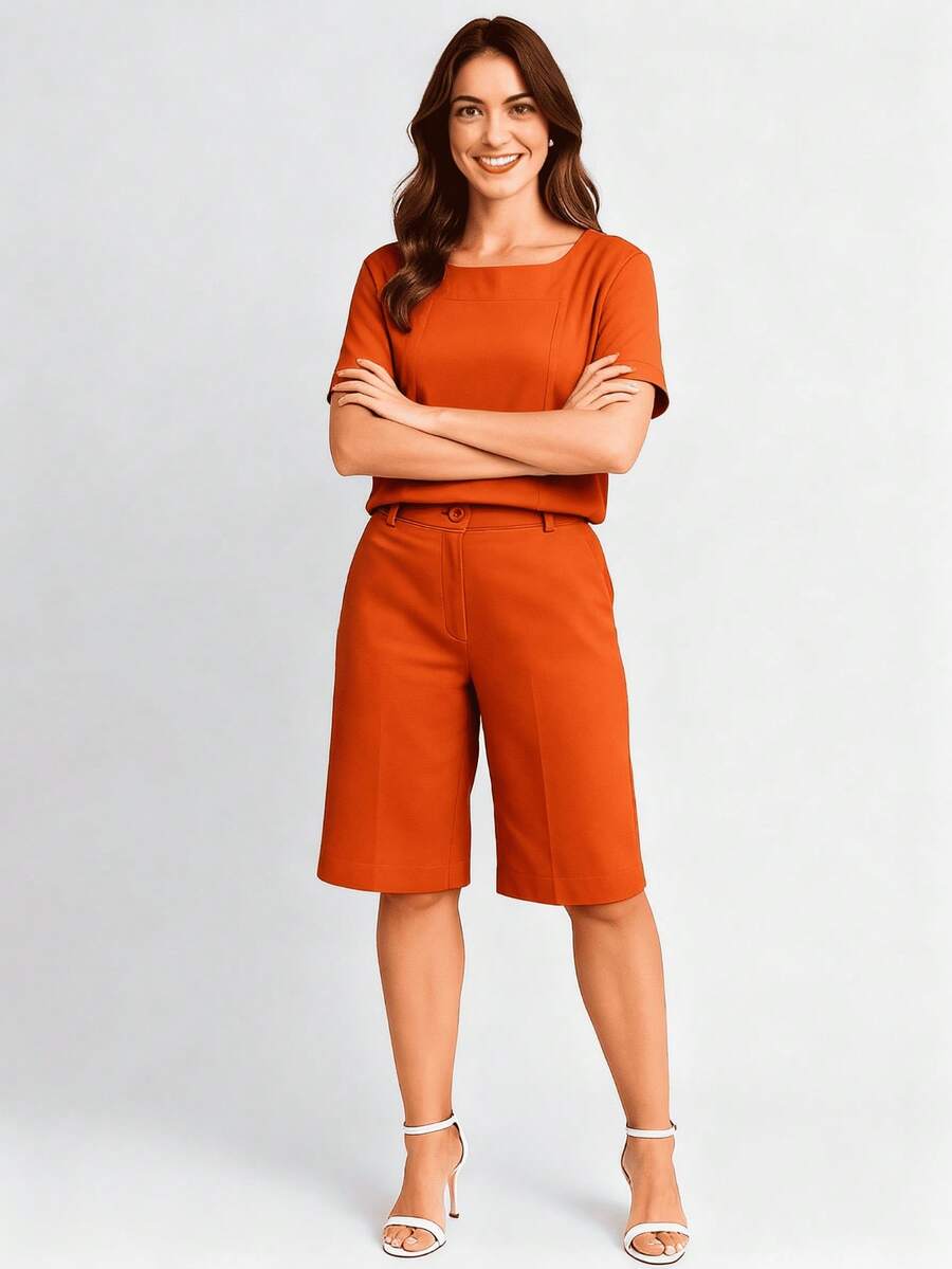 Elegant Women's Set With Blouse And Shorts In Sensorial Fabric. - Terracota - 查看 1