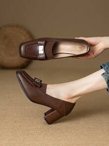Zapatos de tacón alto con punta cuadrada para mujer, zapatos formales de vestir con tacón grueso y lazo en slip-on - Marrón - Ver 2