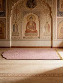 1pc Elegant Floral Pattern Prayer Mat - Soft Flannel Material, Machine Washable, Rectangular Comfortable Mat With Golden Accents, Mosque Design For Indoor Use, Velvet Material With Pink Striped Tassels - Pink - View 2