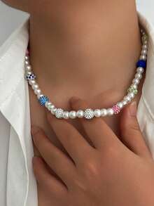 1pc Hip-Hop Style Faux Pearl Studded Crystal Beaded Necklace, Retro Rock Design, Versatile Street Style Necklace Gift For Men - Necklace - View 3