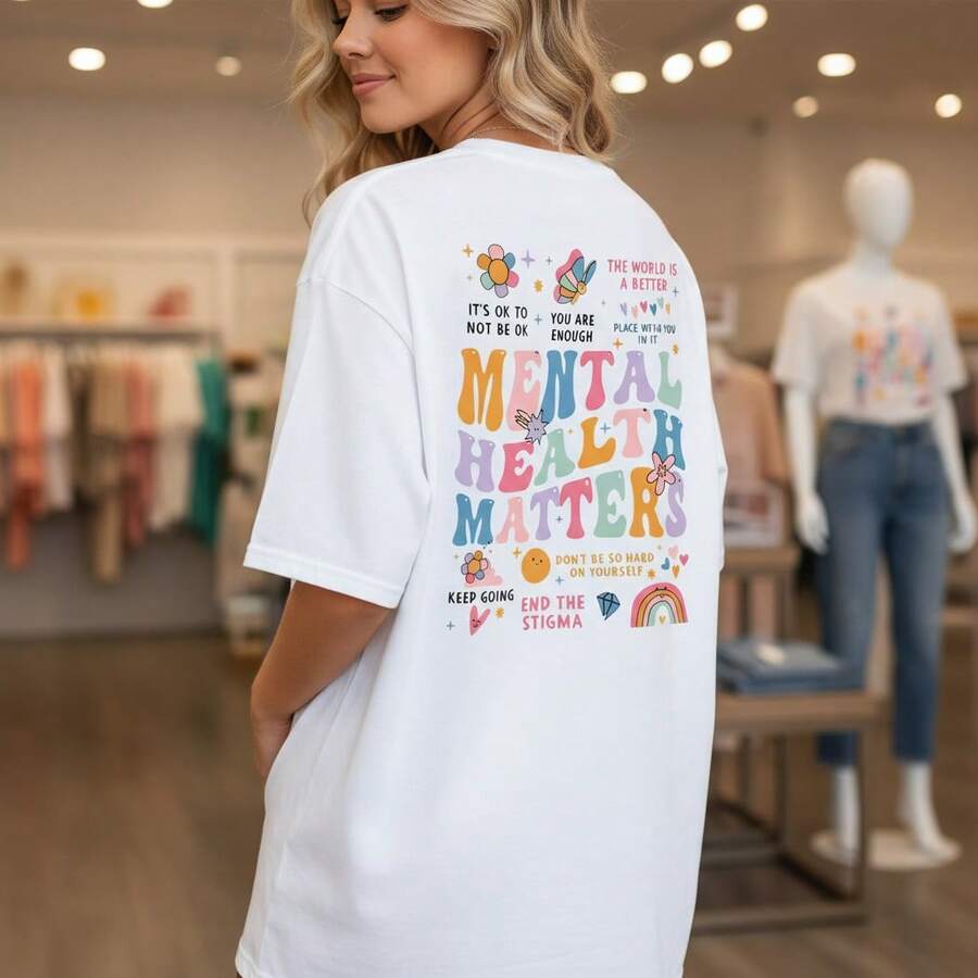 Women's Mental Health Matters Graphic Print Cotton T-Shirt, Casual Short Sleeve O-Neck Tee With Positive Quotes, Comfortable Loose Fit Top For Daily Wear, S-5XL Sizes Available - trắng - Xem 1