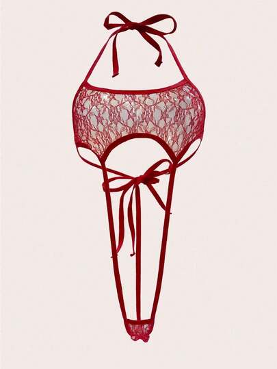 1 Set Women's Sexy Spaghetti Strap Mesh Patchwork Teddy Lingerie Set