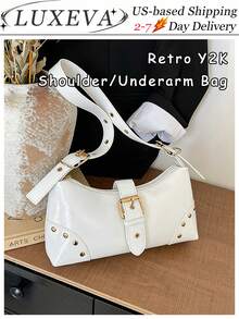 1pc Retro Maillard Distressed Leather Motorcycle Bag With Studs And Buckles, Soft Touch, Folded Detail, Cloud Shape, Shoulder & Crossbody Bag, Suitable For Work, Commute, Date And Party, Retro Inspired Vintage Bag For Women, Halloween Purse Perfect For Fancy Party Halloween Fashion & Gothic Fashion , Vintage Bag - trắng - Xem 1