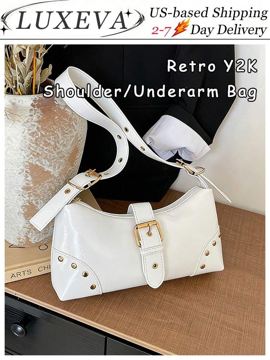 1pc Retro Maillard Distressed Leather Motorcycle Bag With Studs And Buckles, Soft Touch, Folded Detail, Cloud Shape, Shoulder & Crossbody Bag, Suitable For Work, Commute, Date And Party, Retro Inspired Vintage Bag For Women, Halloween Purse Perfect For Fancy Party Halloween Fashion & Gothic Fashion , Vintage Bag - trắng - Xem 1