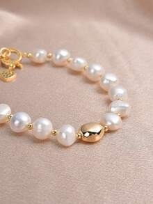 1pc 18K Gold Plated Natural Freshwater Pearl Heart Bracelet, Gift For Mother's Day, Valentine's Day, Birthday, Wedding, Engagement, Bride - White - View 2