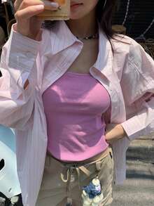 条纹宽松休闲百搭衬衫，独特款式，女士防晒 - 粉色 - 查看 6