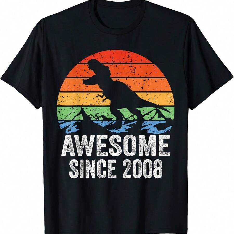 Awesome Since 2008 Retro Dinosaur 17 Year Old Birthday T-Shirt - 灰色 - 查看 1