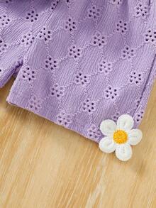 Set 2 buc. pentru fete mici, top cu broderie florală, scobit din buzunar, și pantaloni scurți de culoare uni, ținută de vacanță și casual - Mov Mov - Vizualizare 7