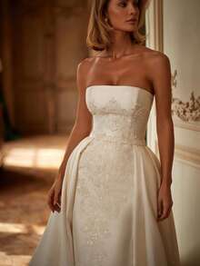 Detachable Luxe Strapless Square Neck Embellished Lace & Satin Ballgown Wedding Dress With Detachable Train, Wedding Dresses For Bride, Elegant And Comfortable, Includes Plus Sizes, Bridal Gown, Formal Dresses For Women, Suitable For Wedding, Party, Vacation, Bride, Formal Occasions, Dinner Dress, Prom Dress, After-Party Dress, Homecoming Dress, Cocktail Party, Birthday Party, Celebration, Gala, Festival, Ceremony - 白色 - 查看 6