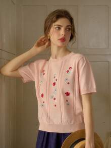 Simple Retro Women's Spring And Summer Embroidery Collision Round Neck Pink Elegant Retro Temperament Casual Short Sleeve Pullover Sweater Top - Pink - View 7