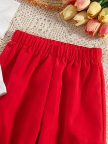 2件套女童休闲碎花圆领上衣和松紧腰工装裤套装，春夏款 - 紅色 - 查看 8