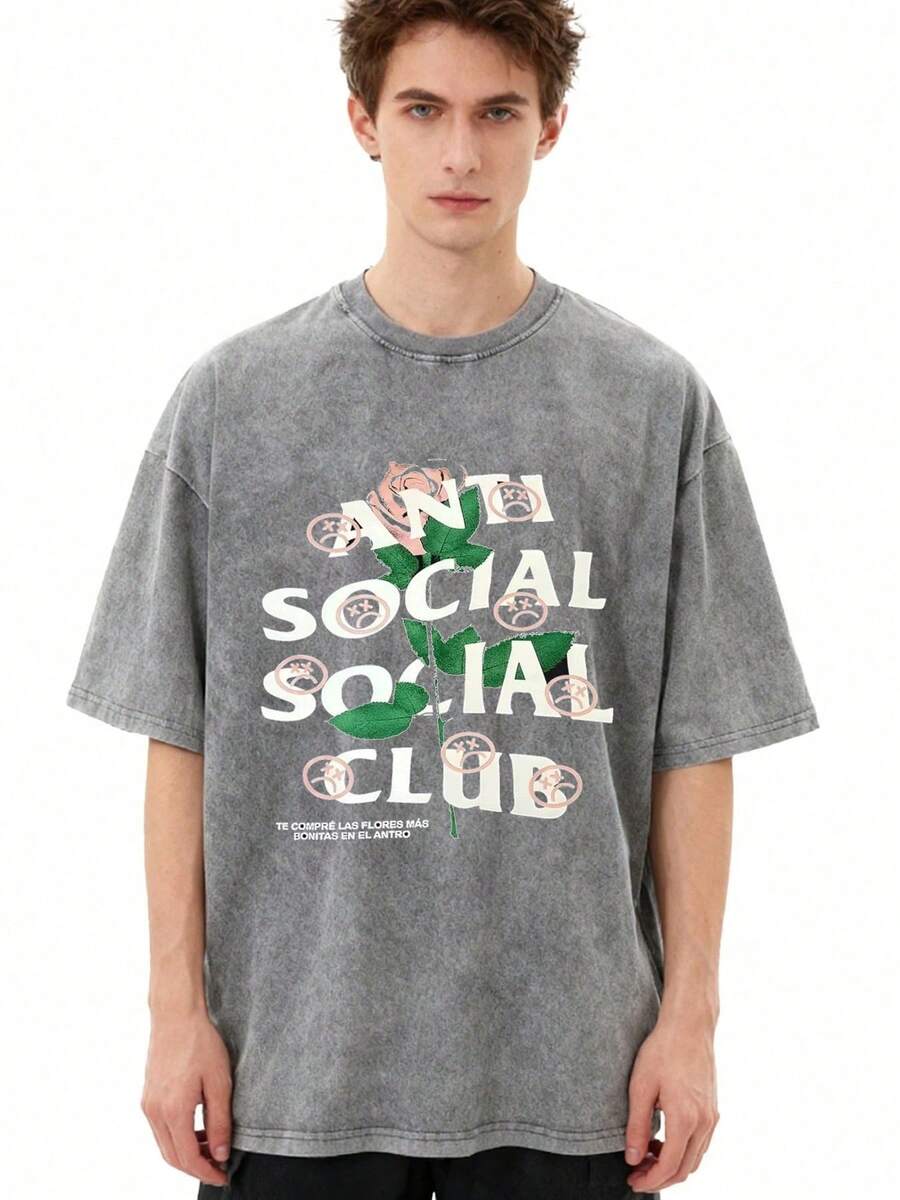 1pc Retro Water Washed T Shirts, Artistic Graphic Featuring A Blooming Rose Intertwined With Bold Anti Social Club Text Symbolizing Contrast Between Beauty And Isolation Vintage 100% 230g Pure Cotton Casual Tee For Men,Street Y2K, Summer Tops, New Year Gifts,Unisex - Grey - View 1