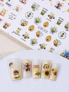 1张12款蜜蜂系列美甲贴纸，包括滴落蜂蜜、雏菊花、蜜蜂图案水贴，美甲装饰，春夏美甲用品 - 彩色 - 查看 8