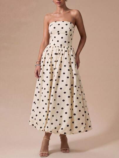 Vestido midi elegante y vintage de mujer con estilo boho, de lunares lisos, sin tirantes y con bajo abullonado - Ideal para invitada de boda, fiesta, vacaciones, look de playa, vacaciones de verano, salir, graduación y atuendos primaverales en color blanco