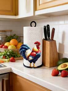 Portarrollos de papel de gallo colorido de 26 cm, decoración de mesa de arte de hierro, decoración de gallo vertical, base antideslizante y resistente, fácil instalación, adecuado para cocina, mesa de comedor, fiesta, alféizar, baño, estilo rústico y decoración festiva, regalo romántico del Día de la Madre para mamá - Multicolor - Ver 2