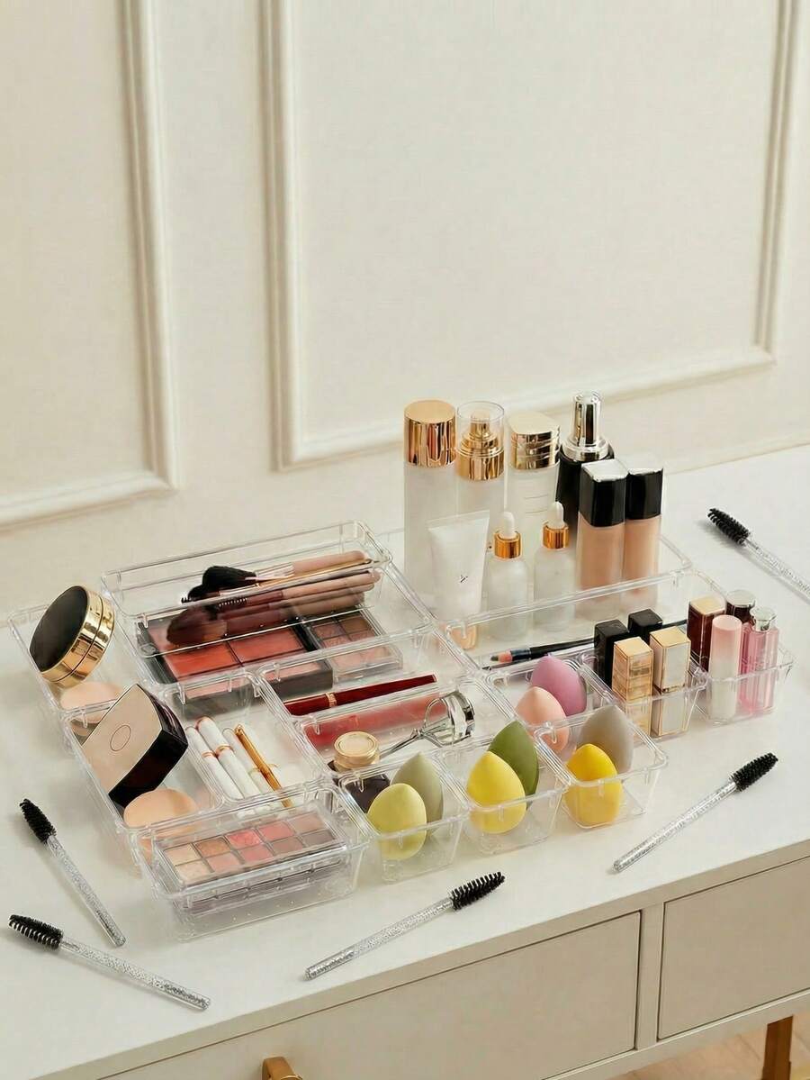 25 PCS Clear Plastic Drawer Organizers &50pcs Crystal Eyelash Brush Set, 4-Size Versatile Bathroom And Vanity Drawer Organizer Trays, Storage Bins For Makeup, Bedroom, Kitchen Gadgets Utensils And Office Mascara Wands Applicator Eyebrow Wands Makeup Brush Kits Eyelash Extension Tools - 無色 - 查看 1
