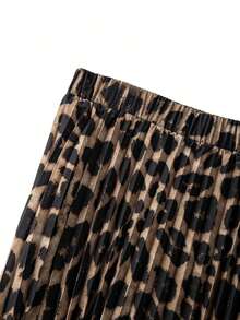 Falda plisada casual con estampado de leopardo todo sobre, falda plisada de línea A con cintura elástica para mujeres, primavera/verano - Caqui Negro - Ver 6