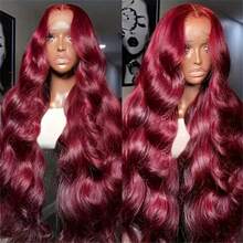 200% High Density Pre Plucked With Bleached Knots & Baby Hair Glueless Wig For Brazilian Virgin Human Blended Hair Body Wave Lace Front Wig , 99j Burgundy, No Glue & Ready To Wear - Bugs - View 5