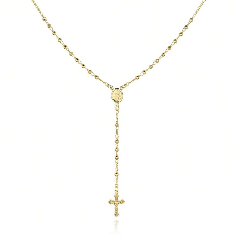 Barzel 18K Gold Plated Virgin Mary Rosary Bead Cross Necklace - Made In Brazil - 24 inch - Xem 1