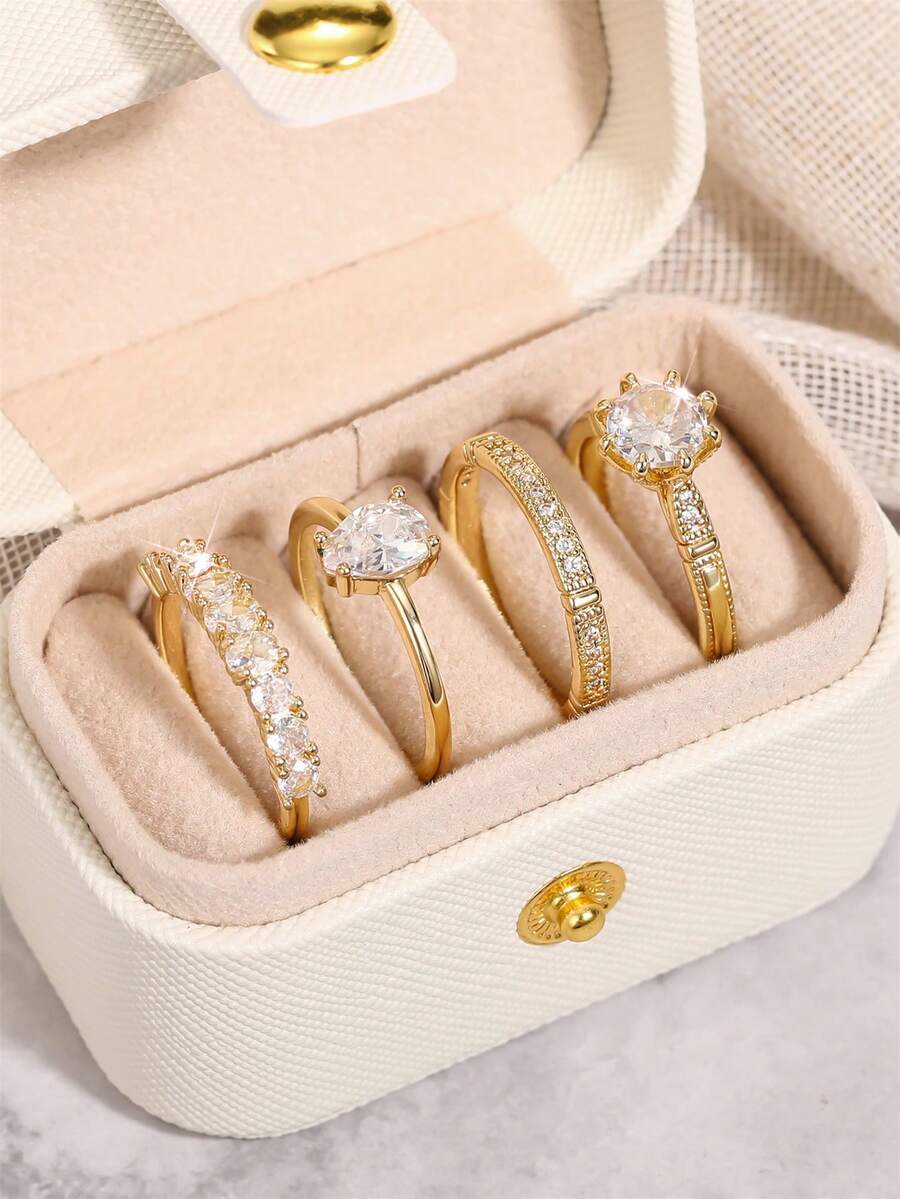 4 piezas Anillos de circonita cúbica preciosos con caja para mujeres para boda, compromiso, aniversario, fiesta, joyería, regalo del Día de San Valentín - 1# - Ver 1