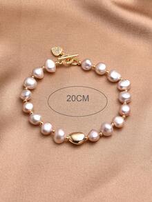1pc 18K Gold Plated Natural Freshwater Pearl Heart Bracelet, Gift For Women, Mother's Day, Valentine's Day, Birthday, Wedding, Engagement, Bride - Pink - View 4
