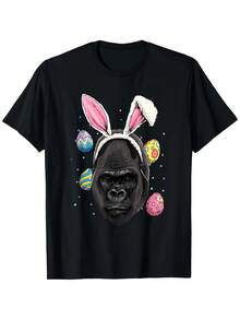 Camiseta con estampado de conejito de Pascua y gorila para hombre, algodón, corte cómodo, manga corta, cuello redondo, color negro, con huevo de Pascua colorido, ropa para hombre - Negro 27 - Ver 1
