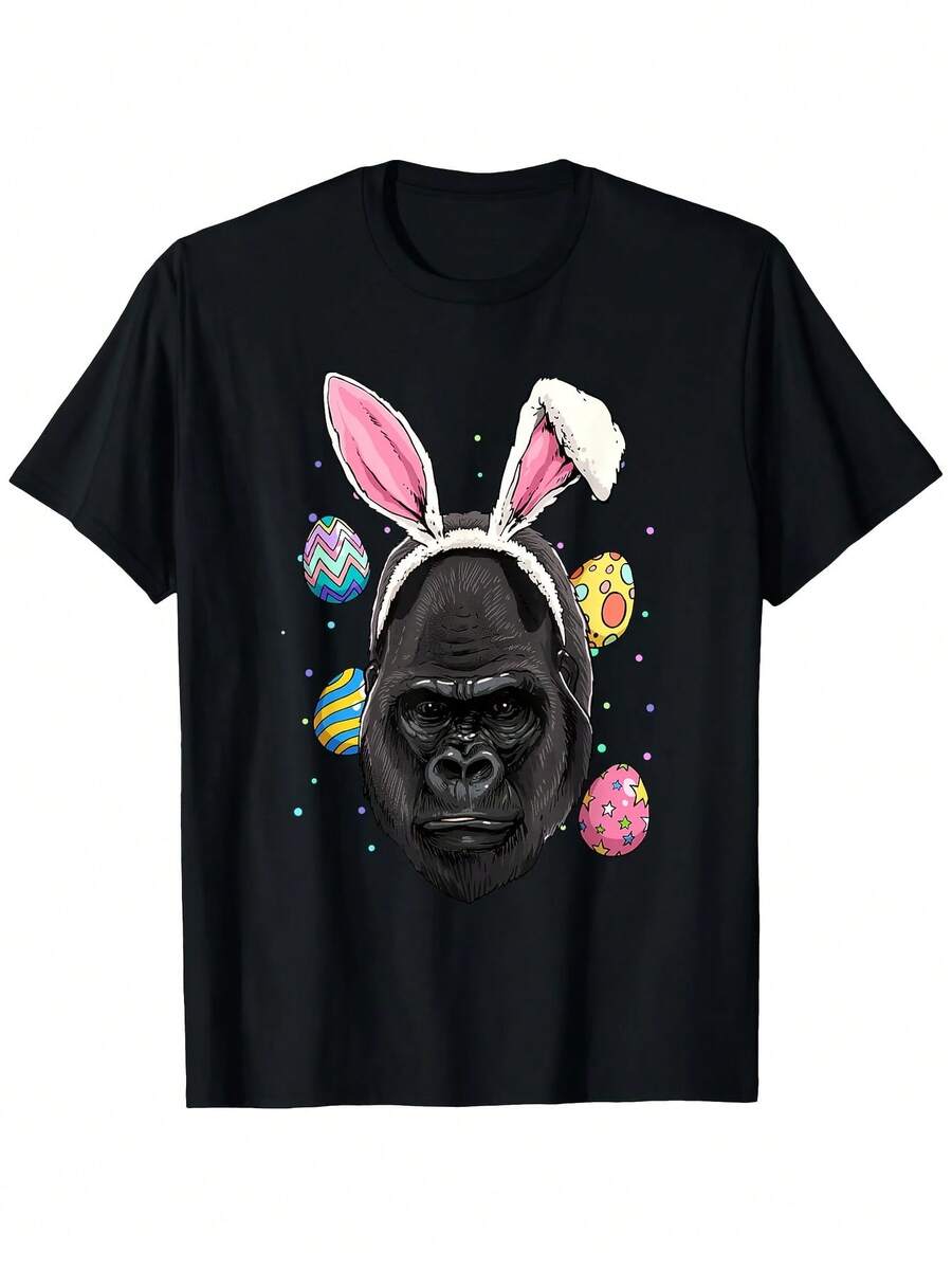 Camiseta con estampado de conejito de Pascua y gorila para hombre, algodón, corte cómodo, manga corta, cuello redondo, color negro, con huevo de Pascua colorido, ropa para hombre - Negro 27 - Ver 1