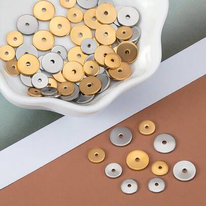 40pcs Stainless Steel Round Flat Spacer Beads, Basic DIY Jewelry Making Supplies For Necklace And Bracelet
