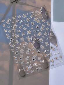 1片优雅花卉水晶钻石美甲贴纸，5D白色梨花流苏冬季美甲DIY装饰美甲贴纸 - 彩色 - 查看 2