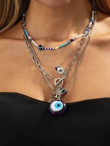 5pcs/Set Bohemian Style Evil Eye, Tree Of Life, Sun, Coin Pendant Beaded Necklace With Geometric Chain And Lobster Clasp, Simple & Fashionable For Party, Daily Casual, Couple Date, Women's Holiday Birthday, Versatile Jewelry Gift - Necklace - View 9