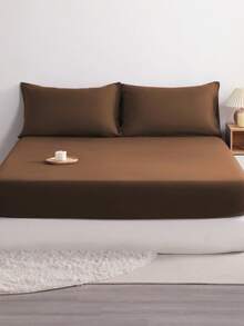 3pcs Solid Color Fitted Sheet Set  With 1pc Fitted Sheet+2pcs Pillow Case Without Filler, Modern Soft Bedding Set For Household Sheet Deep Pocket Up To 15 Inch - 咖啡棕 - 查看 1