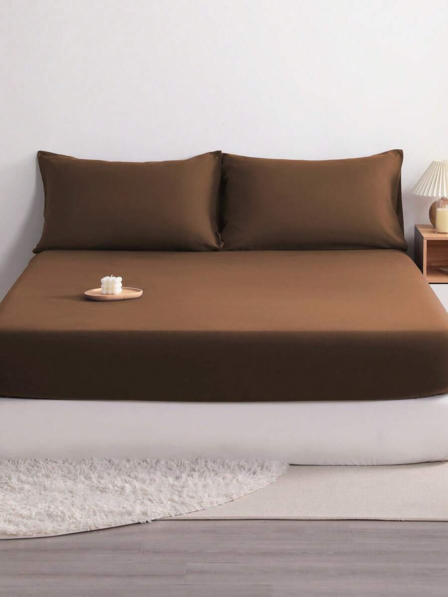 3pcs Solid Color Fitted Sheet Set With 1pc Fitted Sheet+2pcs Pillow Case Without Filler, Modern Soft Bedding Set For Household Sheet Deep Pocket Up To 15 Inch - 咖啡棕 - 查看 1