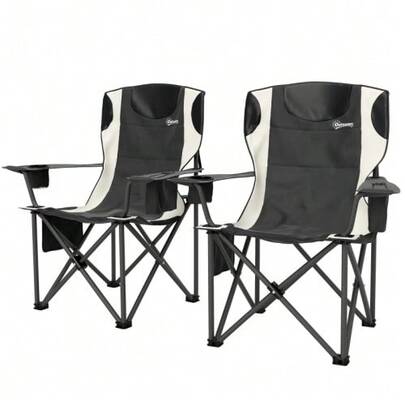 Set Of 2 Folding Camping Chairs With Armrests, Cup Holder, Headrest, And Cooler Bag. Supports Up To 120 Kg. Padded Fishing Chairs, Ideal For Camping In The Garden.