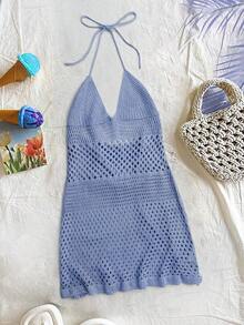 女士性感镂空露背系带沙滩罩衫迷你连衣裙，夏季度假 - 藍色 - 查看 7