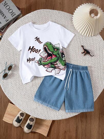 2pcs/Set Young Boy Fashionable Dinosaur 3D Print Cotton T-Shirt And Casual Cuffed Shorts, Suitable For Spring/Summer Daily Wear, Outdoor, Party