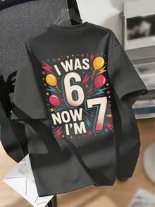 Tween Boy Colorful Cartoon "I WAS 6, NOW I'M 7" 67 Element Print Shirt, Suitable For Activities, Daily Wear, Partys, Birthday Gift For Tween Boy, Birthday Party , Ideal Gift For Birthday Celebration, Fashionable Tween Boy Summer Top - Dark Grey - View 5