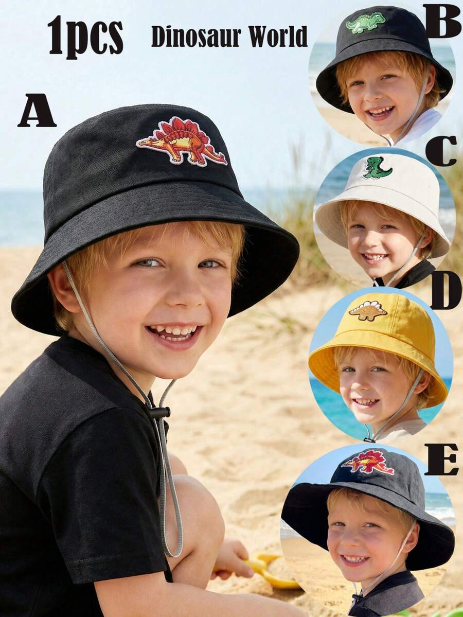 1顶适合3-8岁儿童的大檐遮阳帽，带有刺绣小恐龙图案，恐龙世界系列，儿童夏季渔夫帽 - 轻便可折叠遮阳渔夫帽，适合男孩女孩，户外沙滩旅行，+夏季徒步、露营防晒，轻便男女通用遮阳渔夫帽 - 1PC - 查看 1