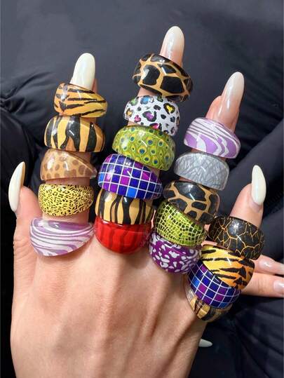 10pcs/Set Colorful Asymmetrical Striped, Leopard, Plaid Acrylic Rings, Y2K Exaggerated Ring Set, Suitable As Jewelry Gift For Friends