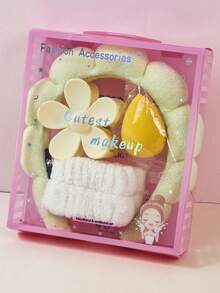 5件套女童毛巾洗脸巾套装，含海绵SPA头带、腕带和大花朵发夹，礼盒包装，适用于卸妆、敷面膜、护肤，是派对礼物和日常使用的理想之选。 - 彩色 - 查看 10