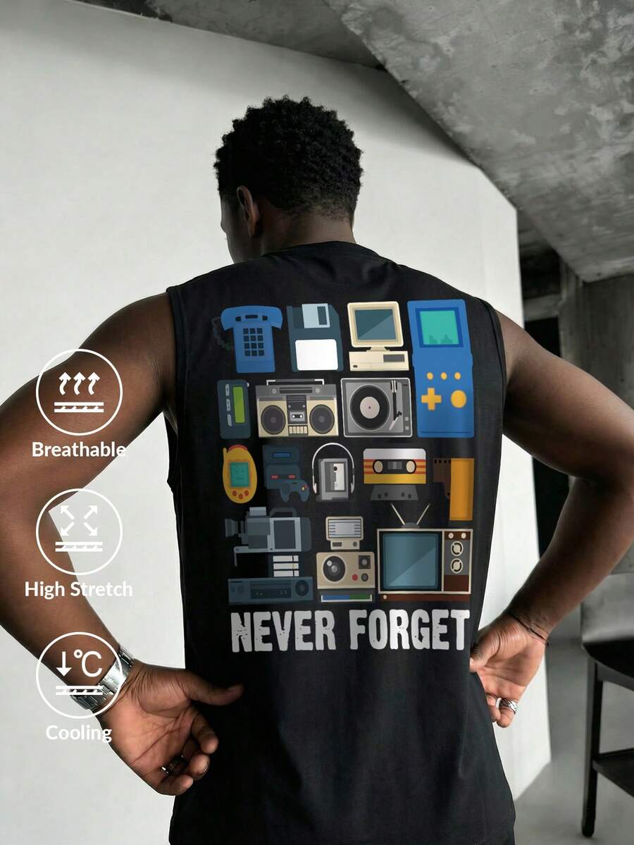 Camvyn 白色鲨鱼男士休闲时尚街头游戏印花圆领背心，夏季 - 黑色 - 查看 1