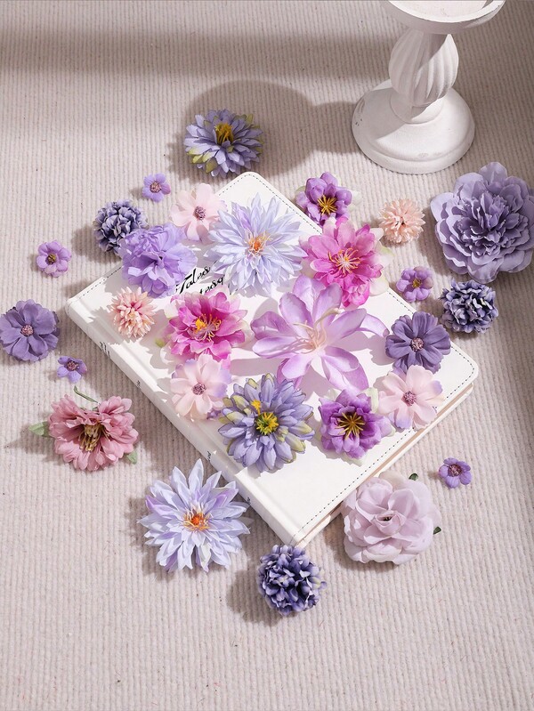 48pcs Purple Flower Combination Set, Suitable For Wedding Party Decoration, Cake Decoration, Home Living Room Dining Table Decor, Artificial Plants, Seasonal Decoration, Room Decor, Desk Decor, Garden Decor
