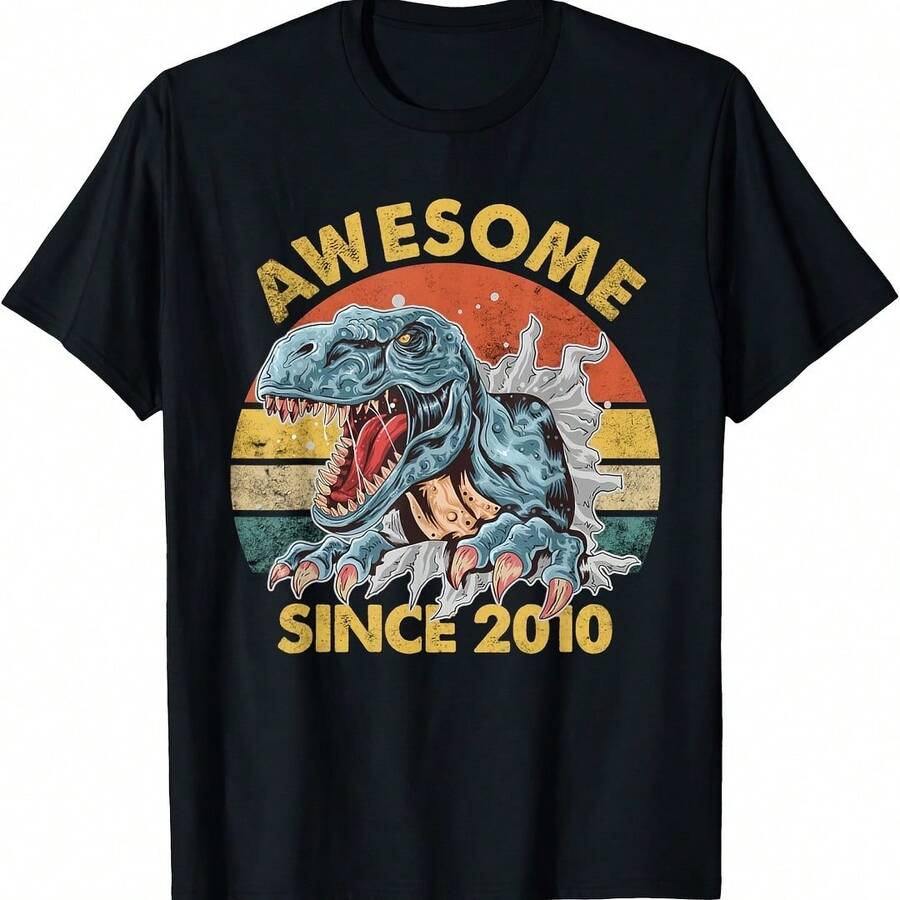 Vintage Retro Awesome Since 2010 12th Birthday Dinosaur Kids T-Shirt - 酒紅色 - 查看 1