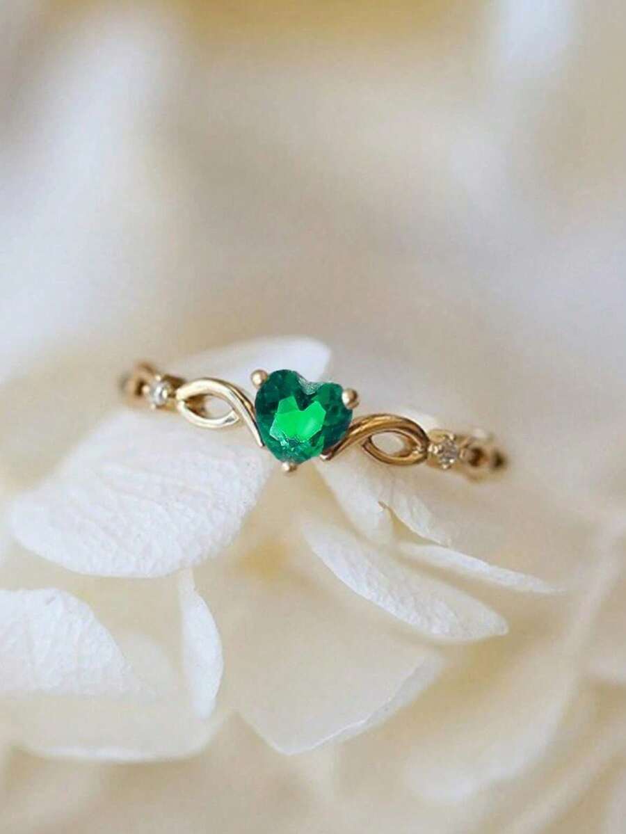 1 chiếc nhẫn hình trái tim đính đá Cubic Zirconia thời trang dành cho nữ, thích hợp làm quà tặng Ngày Valentine, đám cưới, kỷ niệm hoặc dự tiệc. - màu xanh lá - Xem 1
