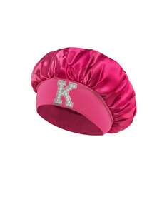 1 Pc A-Z Letter Hats Children' Elastic Wide Brim Satin Sleeping Cap Elastic Caps Fit, Hair Protection, Ultra Soft & Breathable With Anti-Slip Lining - Hot Pink - View 9