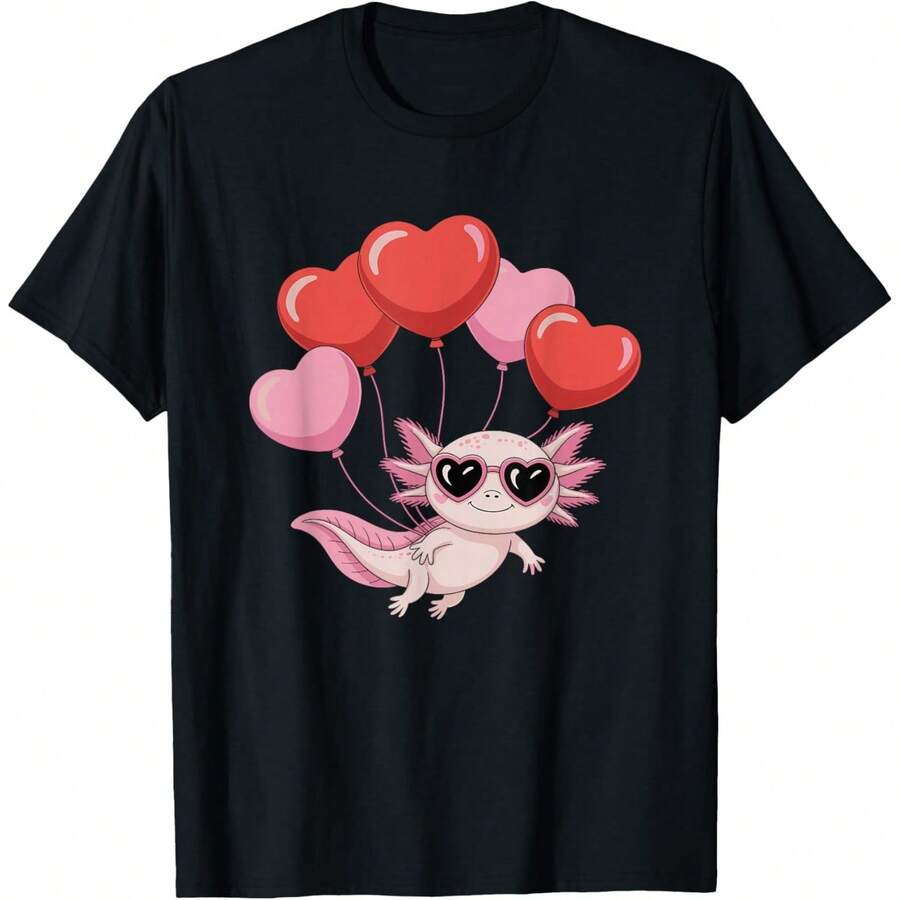 Axolotl Heart Balloons Axolotl Valentines Day Girls Women T-Shirt - 黑色 - 查看 1